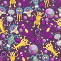 Monster alien seamless pattern vector illustration. Cartoon monstrous character, cute alienated creature or funny