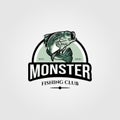 Monster bass logo vector template illustration design, fishing club logo design