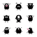 Monster big set. Black silhouette. Happy Halloween. Cute cartoon colorful scary character. Eyes, tongue, hands up. Boo spooky. Fun Royalty Free Stock Photo