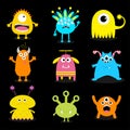 Monster big set. Cute cartoon scary character. Baby collection. Black background. Royalty Free Stock Photo