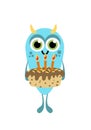 Monster birthday. Kind blue monster with antler and cake. Flat, cartoon, vector