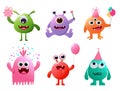 Monster birthday set vector design. Birthday cute monster and mascot collection holding party elements.