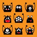 Monster black silhouette head face icon set. Eyes, tongue, tooth fang, hands up. Cute cartoon kawaii scary funny baby character.