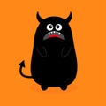 Monster black silhouette. Sad emotion. Fang tooth. Open mouth. Eyes, teeth, tongue, hands, tail, horns. Funny Cute cartoon baby ch Royalty Free Stock Photo