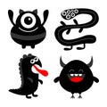 Monster black silhouette set. Dino, snake. Happy Halloween. Cute kawaii cartoon scary funny character icon. Eye, hair, tongue,