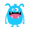Monster blue silhouette. Cute cartoon kawaii scary funny character. Baby collection. Crazy eyes, fang tooth tongue, hands. Happy