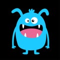 Monster blue silhouette. Cute cartoon kawaii scary funny character. Baby collection. Crazy eyes, fang tooth tongue, hands. Happy