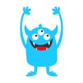 Monster blue silhouette icon. Three eyes, teeth fang, horns, boo hands up. Cute kawaii cartoon funny character. Happy Halloween.