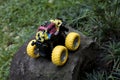 Monster car toys standing on stone and grass