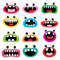 Monster cartoon character vector icon set, funny faces - open mouth with teeth, tongue and eyes design