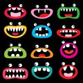 Monster cartoon character vector icon set, funny faces - open mouth with teeth, tongue and eyes design