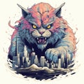 A monster cat towering over a city.