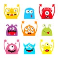 Monster colorful silhouette head face icon set. Eyes, tongue, tooth fang, hands up. Cute cartoon kawaii scary funny baby character