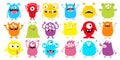 Monster colorful silhouette super big icon set. Happy Halloween. Eyes, tongue, tooth fang, hands up. Cute cartoon kawaii scary
