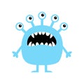 Monster. Cute cartoon kawaii funny baby character. Blue silhouette. Screaming face, head. Many eyes, fang teeth. Tshirt greeting