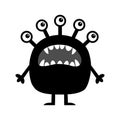 Monster. Cute cartoon kawaii funny baby character. Screaming face, head. Many eyes, fang teeth. Black silhouette. Tshirt greeting