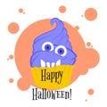 Monster Cute Halloween purple violet Cupcake on a white background. Isolated from background greeting card vector