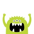 Monster face head. Hands up. Happy Halloween. Cute kawaii cartoon colorful scary character. Eyes, horns, fang teeth. Green