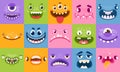 Monster faces. Funny cartoon monsters heads, eyes and mouths. Scary characters for kids. Halloween monsters or aliens emotions Royalty Free Stock Photo