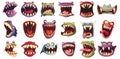 Monster faces and mouths set. Smiling freak cartoon emoticons, funny crazy terrible jaws isolated on white Royalty Free Stock Photo