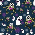 Monster and ghost pattern for halloween. Seamless background for holiday textile fashion childish style. Children and baby bag and Royalty Free Stock Photo