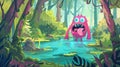 Monster in green swamp in forest. Modern illustration of magic woods landscape with lake and pink alien with forked Royalty Free Stock Photo