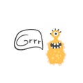 The monster growls. Says - grrr. Cute cartoon character in simple hand-drawn Scandinavian style. Vector childish