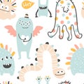 Monster Halloween seamless pattern. Cute cartoon characters in simple hand-drawn Scandinavian style. Vector childish funny doodle