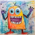 Monster as drawn by 5 years old kid, simple, colorful, fun, AI generated illustration