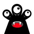 Monster head black silhouette. Happy Halloween. Three eyes, teeth fang, tongue. Cute cartoon kawaii funny character. Baby kids