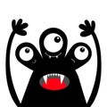 Monster head black silhouette. Happy Halloween. Three eyes, teeth fang, tongue, hands up . Cute cartoon kawaii funny character.