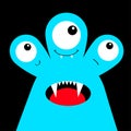 Monster head blue silhouette. Happy Halloween. Three eyes, teeth fang, tongue. Cute cartoon kawaii funny character. Baby kids