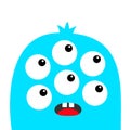 Monster head face blue silhouette. Six eyes, teeth, tongue. Cute kawaii cartoon funny character. Happy Halloween. Baby kids