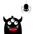 Monster head looking at hanging black spider. Three eyes, teeth fang, horns, hands up. Cute kawaii cartoon funny baby character. Royalty Free Stock Photo