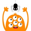 Monster head orange silhouette. Six eyes, teeth, tongue, hands up. Hanging spider. Cute kawaii cartoon funny character. Baby kids