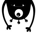 Monster head silhouette. One eye, teeth, fang, hands. Hanging upside down. Black Funny Cute cartoon character. Baby collection. Ha