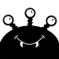 Monster head silhouette with three eyes, fang tooth. Black color. Funny Cute cartoon character. Baby collection. . Happy H