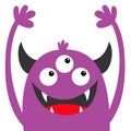 Monster head violet silhouette. Three eyes, teeth fang, horns, hands up. Cute kawaii cartoon funny character. Happy Halloween.