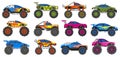 Monster heavy trucks, extreme race large wheels cars. Extreme show heavy cars, big wheels vehicles vector illustration