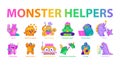 Monster Helpers set. Vector illustration.