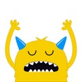 Monster holding hands up. Yellow silhouette face head icon. Happy Halloween. Eyes, fang tooth. Cute cartoon kawaii scary funny boo