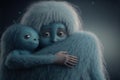 Monster hugging the child. Cute scene with mother monster love. Generated AI.