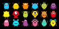 Monster icon big set. Happy Halloween. Cute kawaii cartoon colorful scary funny character. Eyes, tongue, hands, horns, fang teeth