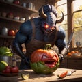 Monster in the kitchen cooks vegetable food. Generative AI