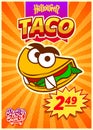 Monster menu with Mexican tacos. Vertical banner with price tag for Fast food cafe for Halloween day. Vector