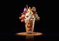 Monster milkshake shake with candies and chocolate,cookies and high calories sweets for kids birthday party.Macro.AI Generative