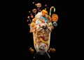 Monster milkshake shake with candies and chocolate,cookies and high calories sweets for kids birthday party.Macro.AI Generative