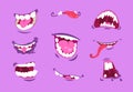 Monster mouths. Cartoon scary and crazy faces with angry expressions, comic cute caricature mouth with teeth and tongues