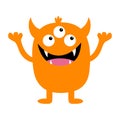 Monster orange silhouette. Cute cartoon kawaii scary funny character. Baby collection. Three eyes, fang tooth tongue, hands up.