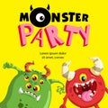 Monster Party banner design template. Cute cartoon monster mascots.